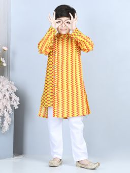 Kinder Kids - Yellow Floral and Stripped Kurta with White Cotton Pajama (Set of 2)