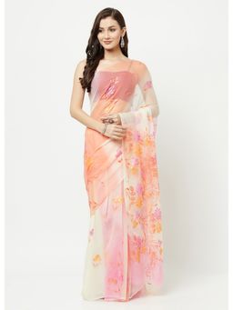 La Vastraa - Hand Painted Orange-Pink Shaded Chiffon Saree With Unstitched Blouse