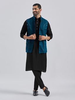Vastramay - Black Silk Blend Kurta with Embroidered Nehru Jacket and Pant