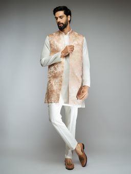 Vastramay - White Brocade Silk Nehru Jacket with Kurta and Pant