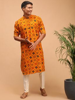 Vastramay - Yellow Digital Patola Print Silk Blend Kurta with Viscose Pant