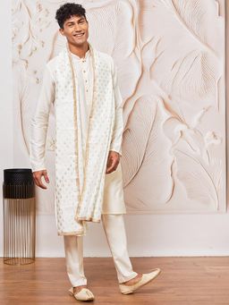 Vastramay - Cream Solid Kurta with Pant and Woven Dupatta