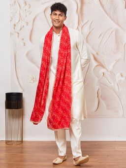 Vastramay - Cream Solid Kurta with Pant and Bandhani Printed Dupatta