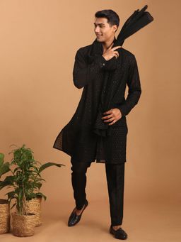 Vastramay - Black Jacquard Kurta with Pant and Embroidered Dupatta