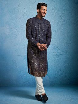 Vastramay - Navy Blue Sequin Embroidered Georgette Kurta with Pant
