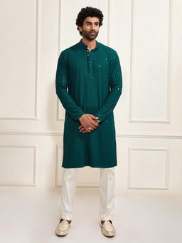 Vastramay - Green Embroidered Cotton Kurta with Pant