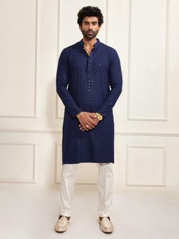 Vastramay - Navy Blue Embroidered Kurta with Pant