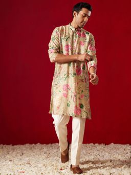 Vastramay - Beige All Over Floral Print Cotton Blend Kurta with Pant