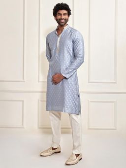 Vastramay - Blue Jacquard with Lace Detailing Silk Blend Kurta with Pant