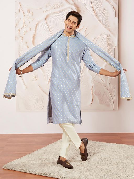 Vastramay Aqua Jacquard Silk Blend Kurta with Pant and Woven Dupatta