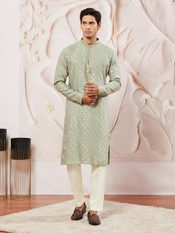 Vastramay - Green Jacquard Silk Blend Kurta with Pant