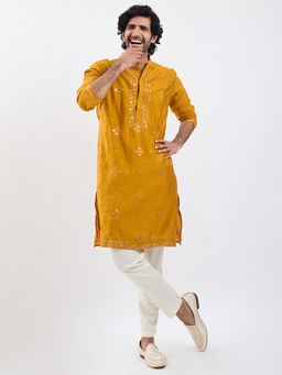 Vastramay - Mustard Embroidered Sequined Silk Blend Kurta with Pant