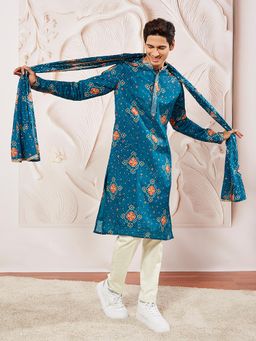 Vastramay - Blue Chinon Kurta with Pant and with Lace Dupatta