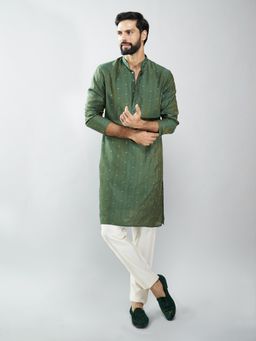 Vastramay - Mehendi Green Silk Blend Embroidered Kurta with Pant