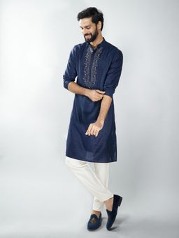 Vastramay - Navy Blue Silk Blend Kurta with Pant