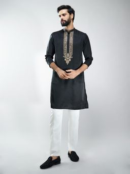 Vastramay - Black Silk Embroidered Kurta with Cream Pant