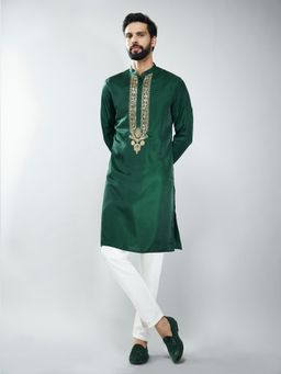Vastramay - Bottle Green Silk Embroidered Kurta with Cream Pant