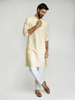 Vastramay - Yellow Cotton Blend Jacquard Embroidered Long Kurta with Pant