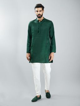 Vastramay - Bottle Green Silk Blend Kurta with Cream Cotton Lycra Pant