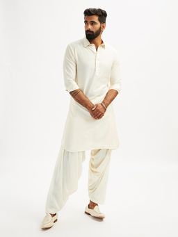 Vastramay - Cream Solid Pathani Kurta with Patiala