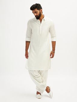 Vastramay - White Solid Pathani Kurta with Patiala