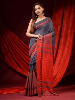 CHARUKRITI - Grey and Brown Pure Cotton Handwoven Temple Borders Saree with Unstitched Blouse