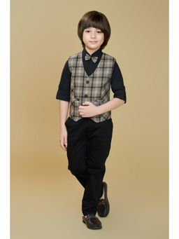 Mini Stitch - Cotton Woven Full Sleeves Shirt with Pant & Waistcoat - Brown
