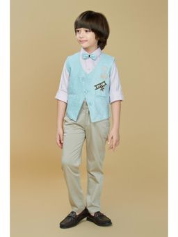 Mini Stitch - Cotton Woven Full Sleeves Shirt with Pant & Waistcoat - Blue