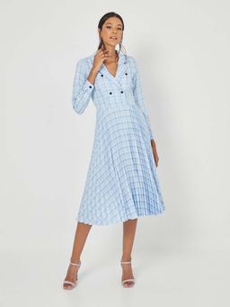 Styli - Blue Long Sleeves Checked Plaid Pleated Detail Blazer Midi Dress