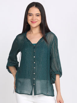 SHAYE - Green V-Neck Stripes Three-Quarter Sleeves Party Top With Cami For Women