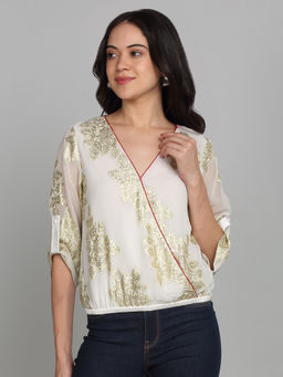SHAYE - White V-Neck Jacquard Three-Quarter Sleeves Party Top For Women