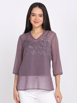 SHAYE - Mauve V-Neck Embellished Three-Quarter Sleeves Party Top With Cami For Women