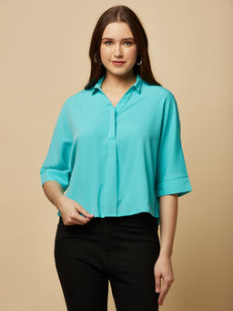 RAASSIO - Blue Women Solid Oversized Style Shirt