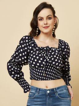 RAASSIO - Blue Women Polka Dot Printed Crop Tie up Top