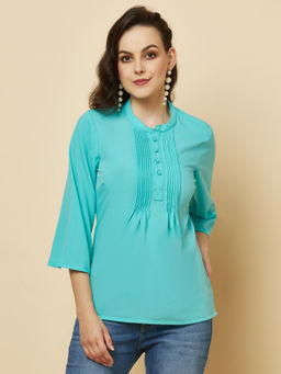 RAASSIO - Blue Women Solid Pintuck Top