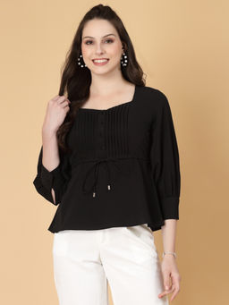 RAASSIO - Black Women Solid Pintuck Top With Tie-Ups