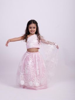 PiccoRicco - Pink Floral Embroidery Lehenga & Choli with Attached Dupatta (Set of 2)