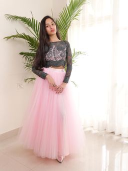 PiccoRicco - Black Sheer Top and Pink Lehenga (Set of 2)