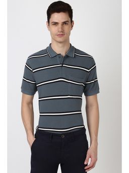 Peter England - Men Grey Stripe Polo T-Shirt