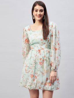 Carlton London - Women Fit and Flare Sea Green Floral Chiffon Dress