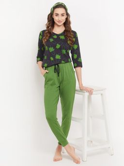 Clovia - Cactus Print Top Black & Chic Basic Joggers in Green Pure Cotton (Set of 2)