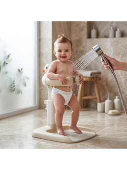 BAYBEE - Beige Flora Baby Shower Bath Stand with Height Adjustable with Anti-Slip Base (12-18 Months)