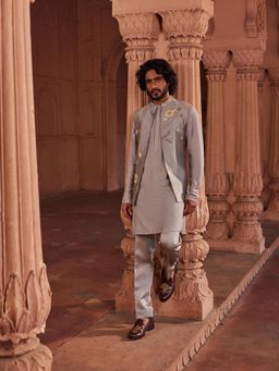 CONTRAST BY PARTH - Taupe Hand Paint Nehru Jacket with Kurta and Pant (Set of 3)