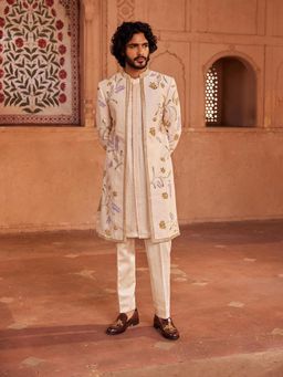 CONTRAST BY PARTH - Ivory Jahan Open Sherwani with Kurta and Pant (Set of 3)