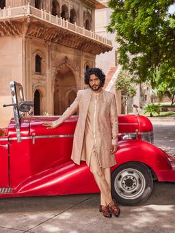 CONTRAST BY PARTH - Peach Rabata Open Sherwani with Kurta and Pant (Set of 3)