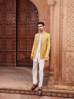 CONTRAST BY PARTH - Yellow Seerat Jacket with Kurta and Pant (Set of 3)
