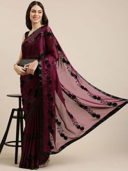 Vastranand - Wine Flower Ribbon Work Party Wear Saree with Unstitched Blouse