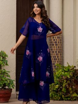 HOUSE OF JAMOTI - Garden Of Love Navy Blue Kurta and Palazzo with Top (Set of 3)