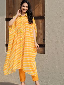 HOUSE OF JAMOTI - Leheriya Yellow Kaftan and Pants with Bustier (Set of 3)