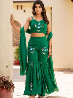 HOUSE OF JAMOTI - Dark Green Handpainted Top and Sharara with Dupatta (Set of 3)
